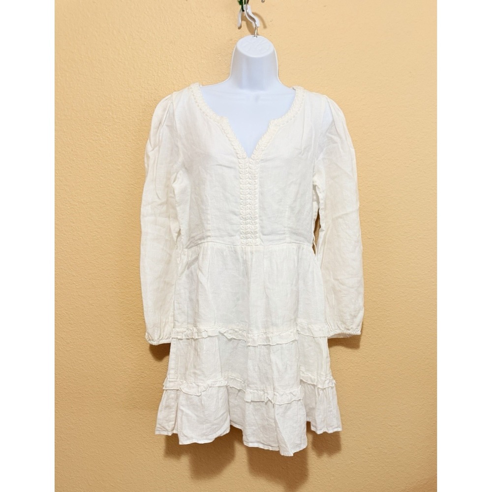 Roller Rabbit White Linen Tiered Ruffle Mini Dress Embroidered Boho Medium